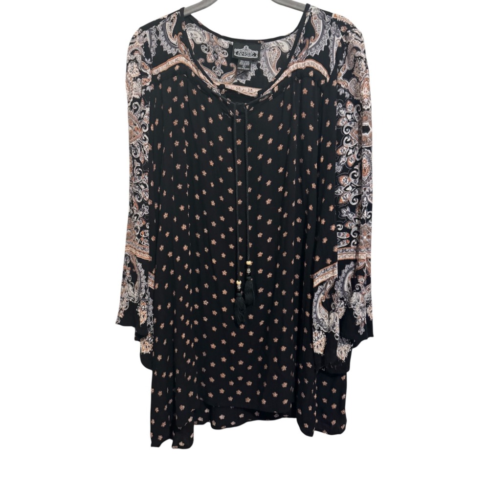 Angie Boho Blouse Women's Size Large Black Floral Tassel Whimsigoth Festival Top - Picture 9 of 9